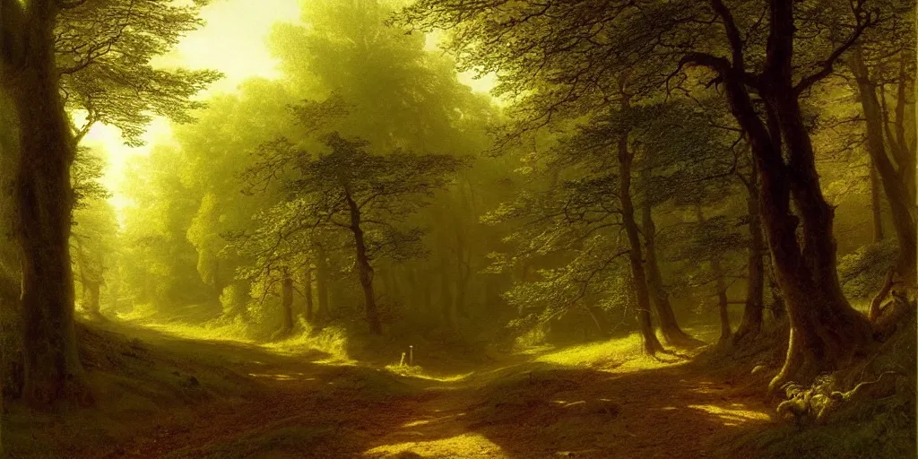 Prompt: a 1 9 th century german romantic landscapes painting of the quiet forest path by john howe and caspar david friedrich ， oil painting style, light and shadow color, super wide angle, mysterious, quiet atmosphere ， trending on artstation h 5 7 6