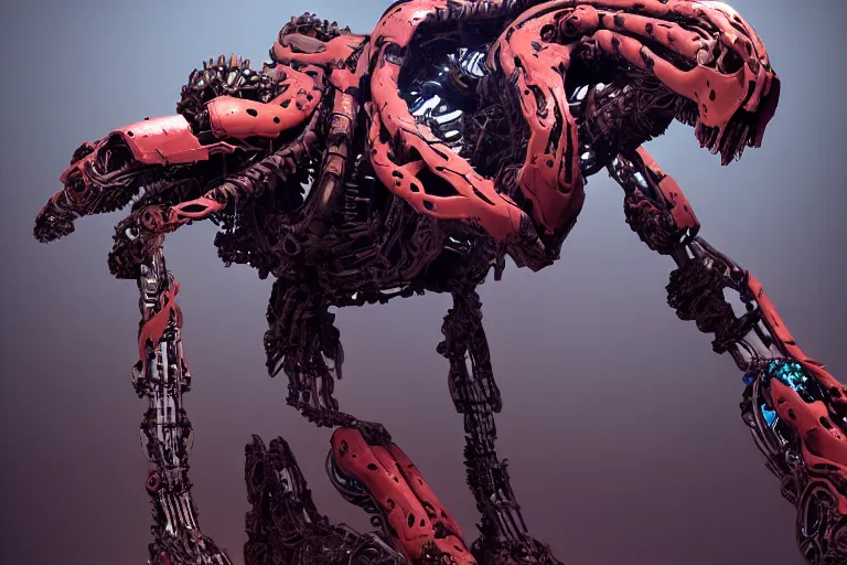 Image similar to portrait of a posed hyper detailed complex, plowhorn evangelion realistic mechanical and fleshy organic creature similar look as horizon forbidden west horizon zero dawn bioluminiscence in a dark deep forest at dawn in spring, with reflection and textures, by kilian eng, substance painter reaslitic mech surface metal painted scratches