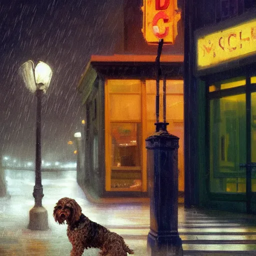 Prompt: A Schnoodle dog at night in the world of Edward Hopper, stormy snowy weather, streetlights, extremely detailed masterpiece, oil on canvas, low-key neon lighting, artstation, Blade Runner 2049, Roger Deakin's cinematography, by J. C. Leyendecker and Peter Paul Rubens