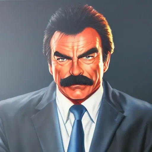 Image similar to ultra realistic portrait painting of tom selleck as goku, art by akira toriyama, 4 k, dragon ball artstyle, cel shaded, highly detailed, epic lighting