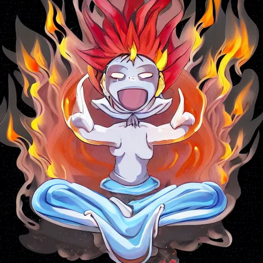 Image similar to fluffy popcorn elemental spirit anime character with a smiling face and flames for hair, sitting on a lotus flower, clean composition, symmetrical