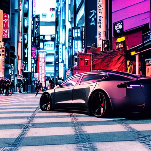 Image similar to cyberpunk tesla in the streets of tokyo, anime style