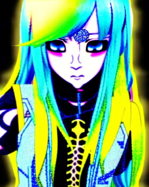 Image similar to a hologram of rimuru tempest with golden yellow eyes and sky blue hair, wearing black cybergoth emo stylish fashion clothing, holography, irridescent, baroque visual kei decora art