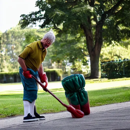 Image similar to janitor at the park, wearing boxing gloves