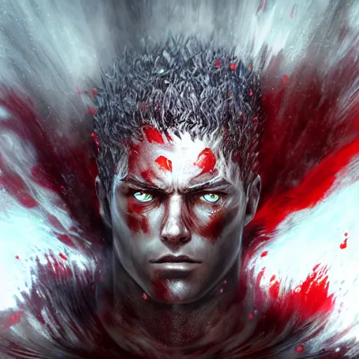 Image similar to portrait of guts from berserk submerged in red water, extremely detailed, made by wlop, maxwell boas, Sakimi chan and Anato Finnstark