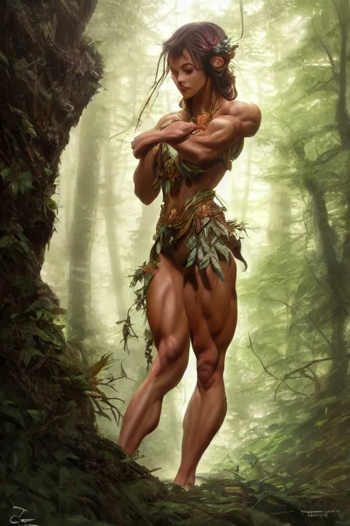 Prompt: female spirit of the forest, highly detailed, digital painting, artstation, concept art, smooth, sharp focus, illustration, unreal engine 5, 8 k, art by artgerm and greg rutkowski and alphonse mucha and ifbb pro fitness photograph