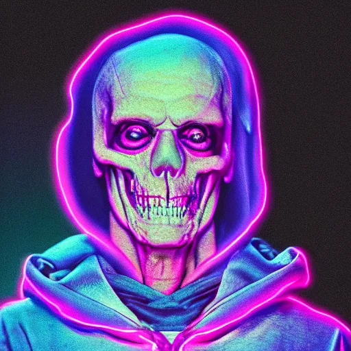 Prompt: skeletor christopher lloyd in hoodie, portrait, vaporwave, synthwave, neon, vector graphics, cinematic, volumetric lighting, f 8 aperture, cinematic eastman 5 3 8 4 film