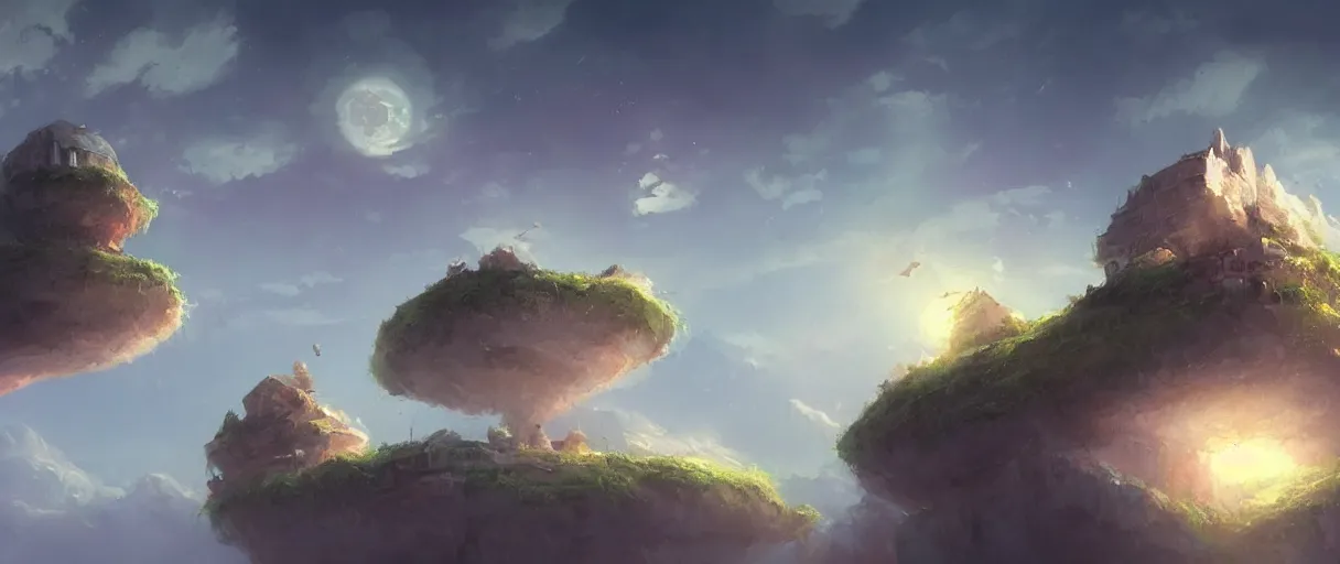 Image similar to floating islands in sky, concept art, low angle, cinematic, style of jordan grimmer