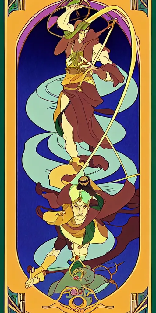 Prompt: the fool, rider tarot card with an art deco boarder, high quality, digital painting, by don bluth and ross tran and studio ghibli and alphonse mucha, artgerm