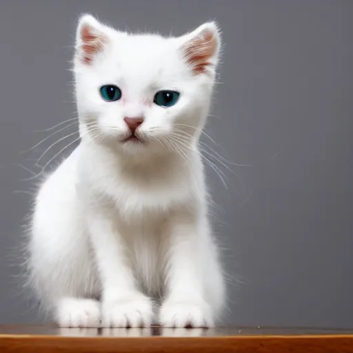 Image similar to Portraits of a little white kitty sitting on a table, Graceful body structure,cute,Symmetrical face,highly detailed,elegant