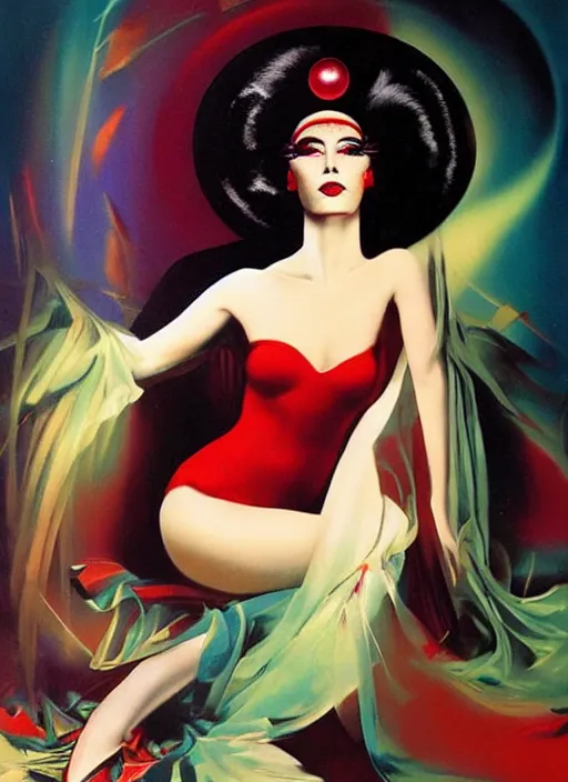 Image similar to an 8 0 s portrait of a woman with dark eye - shadow and red lips with dark slicked back hair dreaming acid - fueled hallucinations by serge lutens, rolf armstrong, delphin enjolras, peter elson