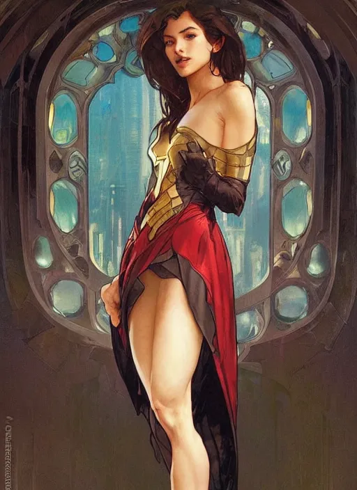 Image similar to a young woman. she is dressed as a superhero. clean elegant painting, beautiful detailed face. by artgerm and greg rutkowski and alphonse mucha