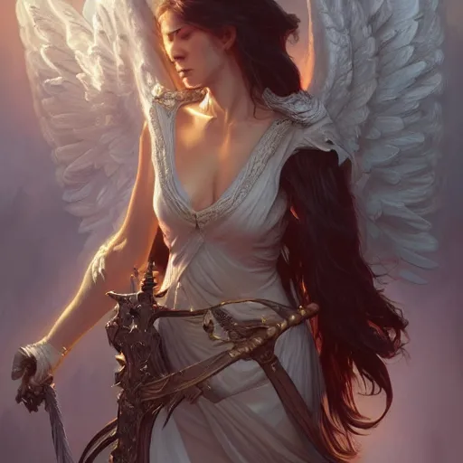 Image similar to the angel of death, d & d, fantasy, intricate, elegant, highly detailed, digital painting, artstation, concept art, matte, sharp focus, illustration, hearthstone, art by artgerm and greg rutkowski and alphonse mucha