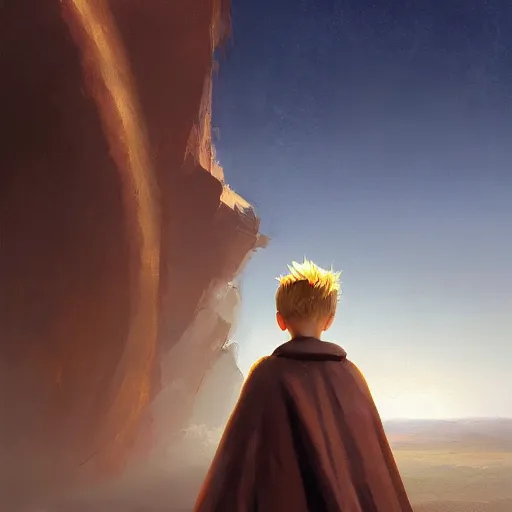 Image similar to blonde boy wearing a brown cape and flying in t pose, powerful, space background, oil painting, brush strokes, greg rutkowski