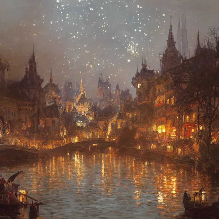 Image similar to a beautiful painting of the view from the river of the lantern festival in ancient london, at night with a sky full of stars, intricate, elegant, highly detailed, digital painting, artstation, concept art, by krenz cushart and artem demura and alphonse mucha