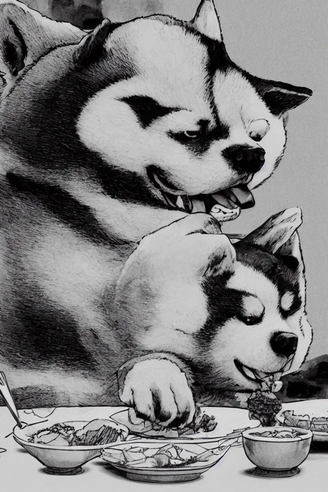 Prompt: a portrait of a shiba inu eating sushi, in the art style of katsuhiro otomo, realistic, highly detailed, b & w, 4 k