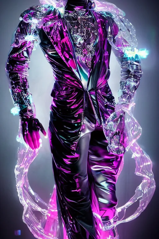 Image similar to full-body rococo and cyberpunk delicate crystalline sculpture of attractive muscular iridescent Zayn Malik as a humanoid deity wearing a thin see-through plastic hooded cloak sim roupa, posing like a superhero, glowing pink face, crown of white lasers, large diamonds, swirling black silk fabric. futuristic elements. oozing glowing liquid, full-length view. space robots. human skulls. throne made of bones, intricate artwork by caravaggio. Trending on artstation, octane render, cinematic lighting from the right, hyper realism, octane render, 8k, depth of field, 3D