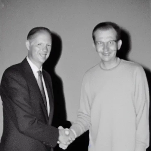 Prompt: classified photograph of erik helwig shaking hands with extremely tall alien, film grain, specular highlights, 3 5 mm lens, government archive photograph