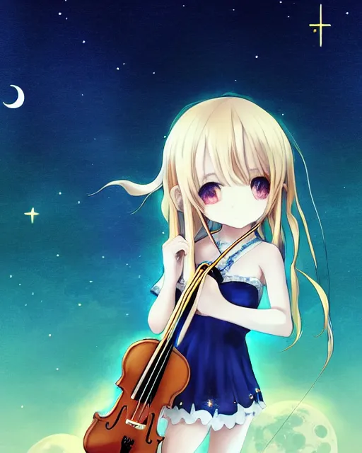 Image similar to chibi, cute, female, full body, elf girl with white skin and golden long wavy hair, holding a violin and playing a song, stunning art style, filters applied, lunar time, night sky, trending art, sharp focus, centered, landscape shot, fate zero, simple background, studio ghibly makoto shinkai yuji yamaguchi, by wlop