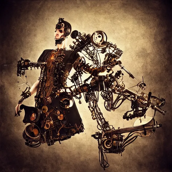 Prompt: “Steampunk Cyborg Rock Singer with 4 hands playing keyboard and drums. Minimalistic. Smooth, cinematic lighting. Fisheye lens. Old torn photograph. ”