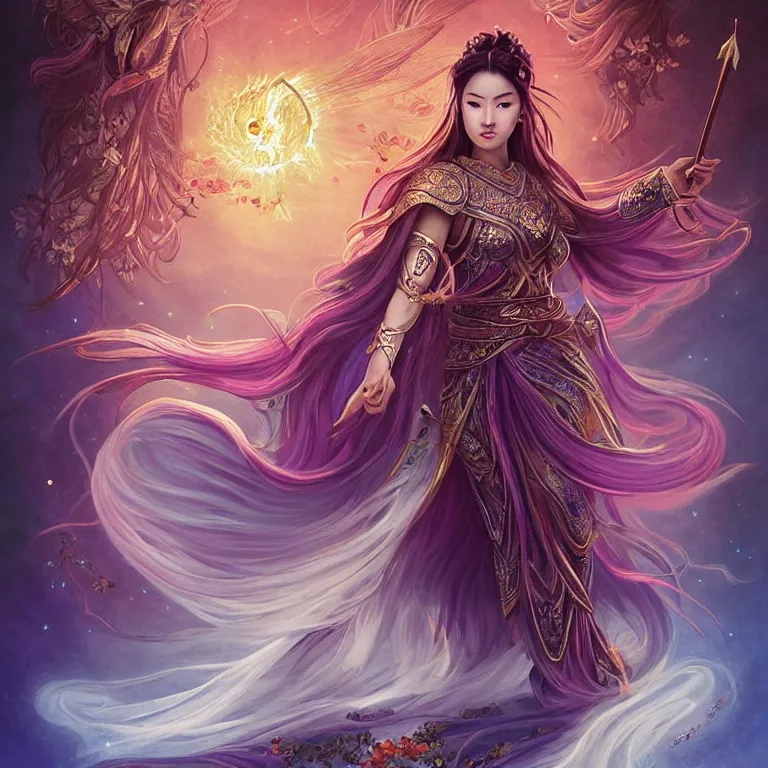 Image similar to beautiful cinematic fantasy poster, a beautiful vietnamese goddess warrior wearing a long flowy ao yai with enbroidered flowers with flowing illuminated hair throwing a banh mi towards camera, beautiful glowing galaxy eyes, wideshot ultrawide angle epic scale, hybrid from The Elden Ring and art direction by Darius Zawadzki ;by artgerm; wayne reynolds art station; cinematic quality character render; low angle; ultra high quality model; production quality cinema model;