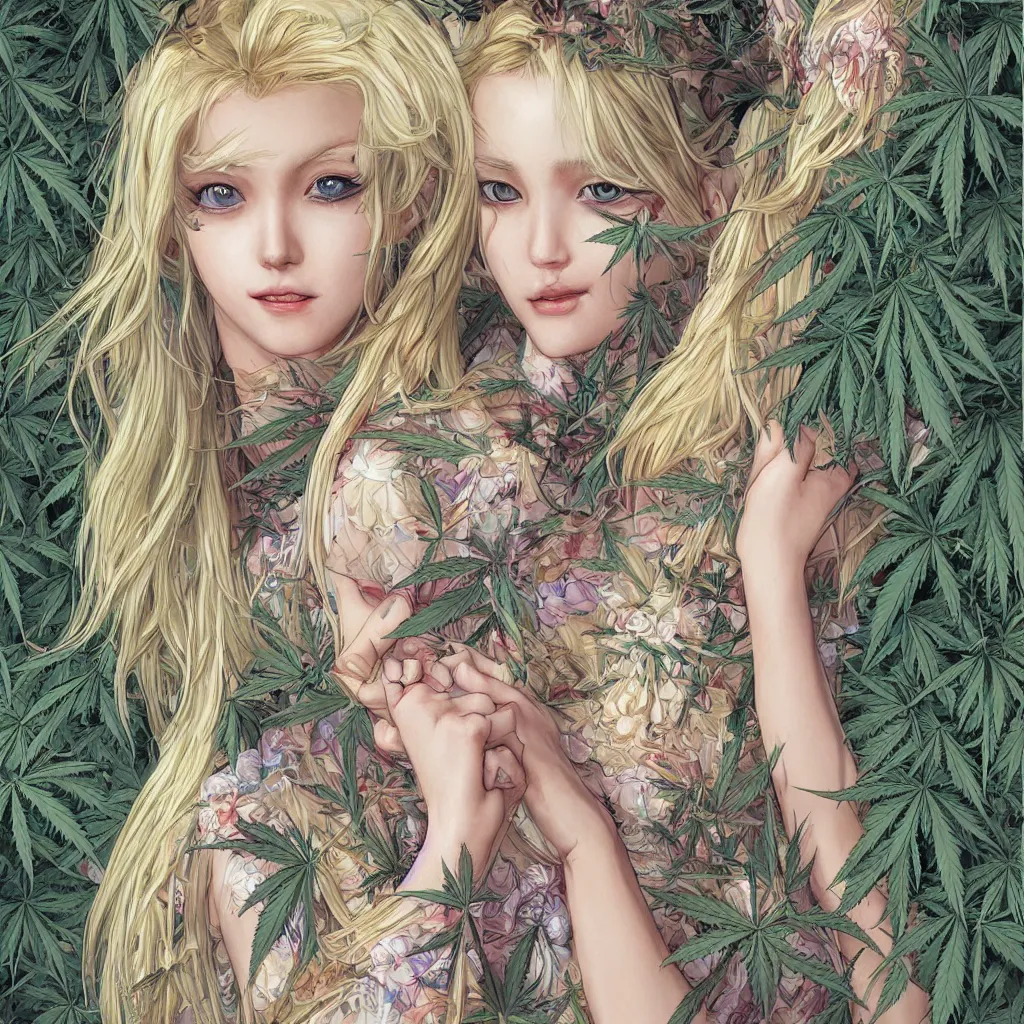 Image similar to ultra-realistic high details digital art of very beautiful blonde girl wering short dress made marijuana by Ayami Kojima