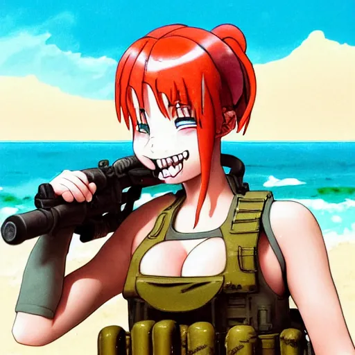 Image similar to Extremely Detailed and Full Portrait scene of Gooey Ocean scene in ink and refined sand, Red head pigtail anime woman with Military gear. Wearing a Army vest full body smiling while eating a sloppy cheese burger. The cheeseburger is leaking red sauce all over the beach by Akihito Yoshitomi AND Yoji Shinkawa AND Greg Rutkowski, Mark Arian trending on artstation