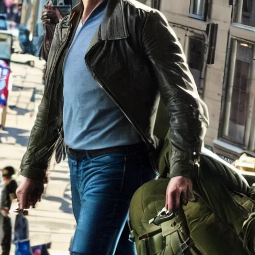 Image similar to a giant tom cruise carries a military jet in his hands while walking through manhatten, 4k, movie poster