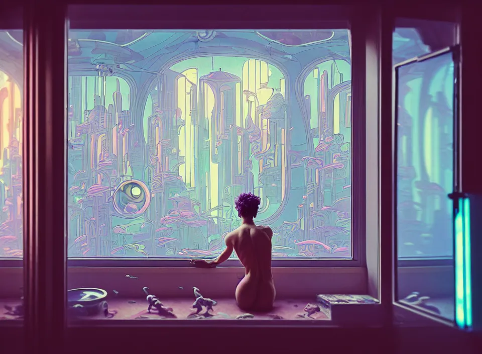 Image similar to telephoto 7 0 mm f / 2. 8 iso 2 0 0 photograph depicting the feeling of power in a cosy cluttered french sci - fi ( art nouveau ) pale cyberpunk apartment in a pastel dreamstate art cinema style. ( aquarium, body building, window ( city ), led indicator, lamp ( ( ( mirror ) ) ) ), ambient light.