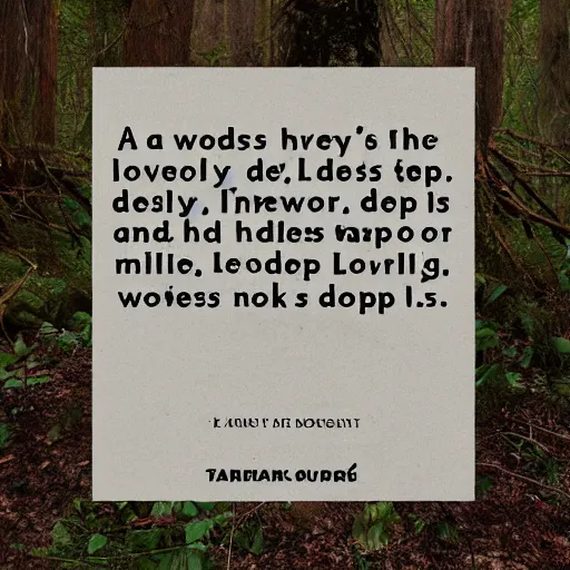 Prompt: a graphic of the poem 'The woods are lovely, dark and deep, But I have promises to keep, And miles to go before I sleep, And miles to go before I sleep.'