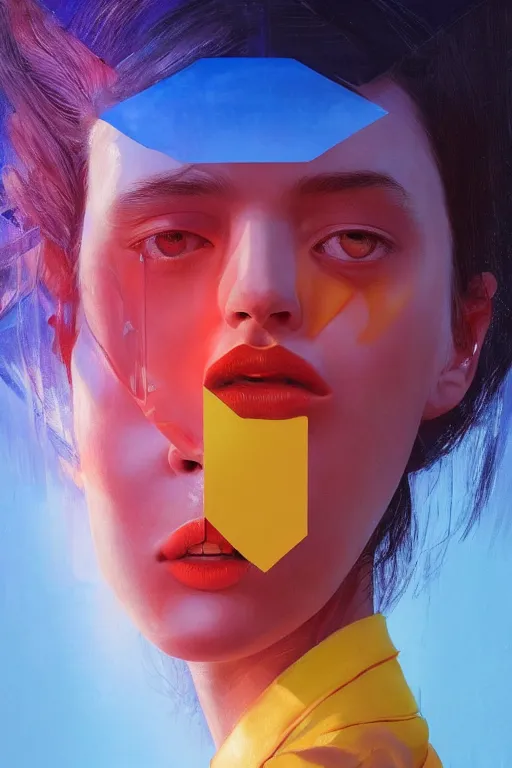 Image similar to 3 d, sci - fi, sun rays, sleepy fashion model face, yellow faces, cinematic, vogue cover style, poster art, light red and deep blue mood, realistic painting, intricate oil painting, high detail, figurative art, multiple exposure, poster art, 3 d, by tooth wu and wlop and beeple and greg rutkowski