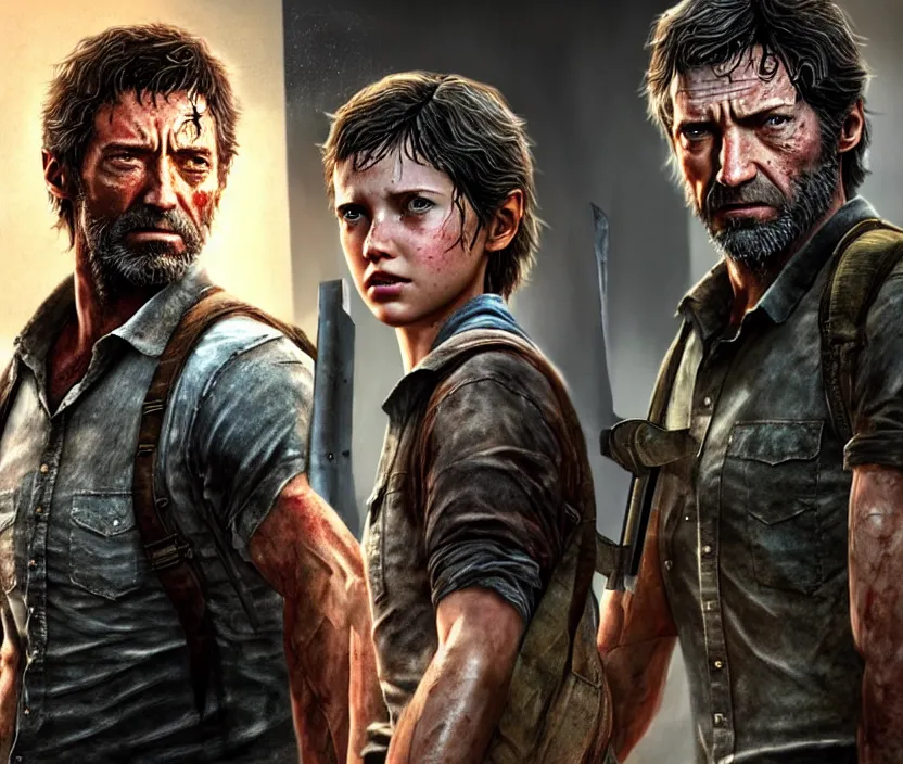 Image similar to hugh jackman as joel from the last of us standing with millie bobby brown as ellie, character concept art, hyperrealistic, detailed, accurate illustration, dramatic lighting