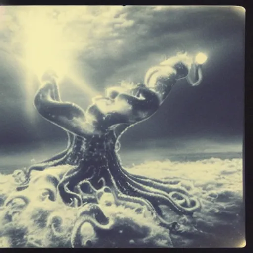 Prompt: apocalyptic, very highly detailed analog polaroid footage of colossal octopuses tentacles emerging from the clouds, thunder, lens flare, moonlight