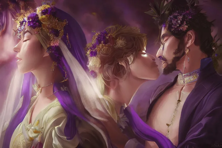 Image similar to a cinematic portrait of wedding photograph jpeg close up moment of a divine a japan sun god and moon goddess lovers magician at a wedding banquet. portraiture. digital painting. artstation. concept art. fantasy wedding photo. digital painting, 8 k realistic, hyper detailed, violet evergarden art masterpiece by art by krenz cushart