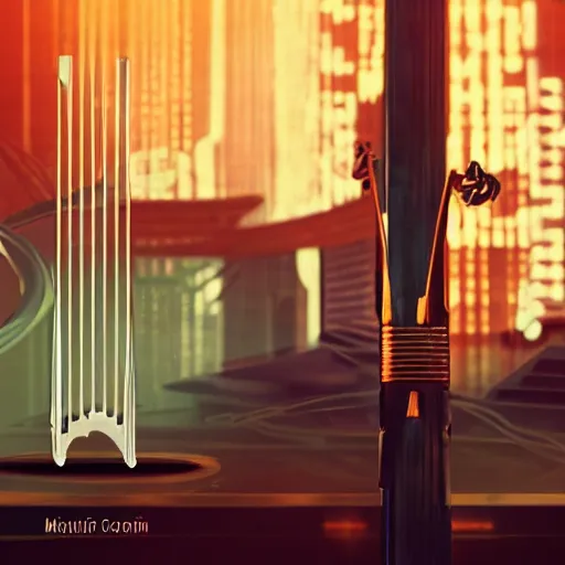 Image similar to A tuning fork from the future, music sheets in the background, cinematic, but in cyberpunk style