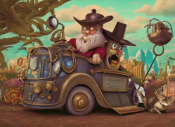 Image similar to matte sharp painting, close - up of a garden gnome driving a steampunk bus, a cat is holding onto the roof, juxtapoz, artforum, gary baseman, preston blair, tex avery, dan mumford, pedro correa