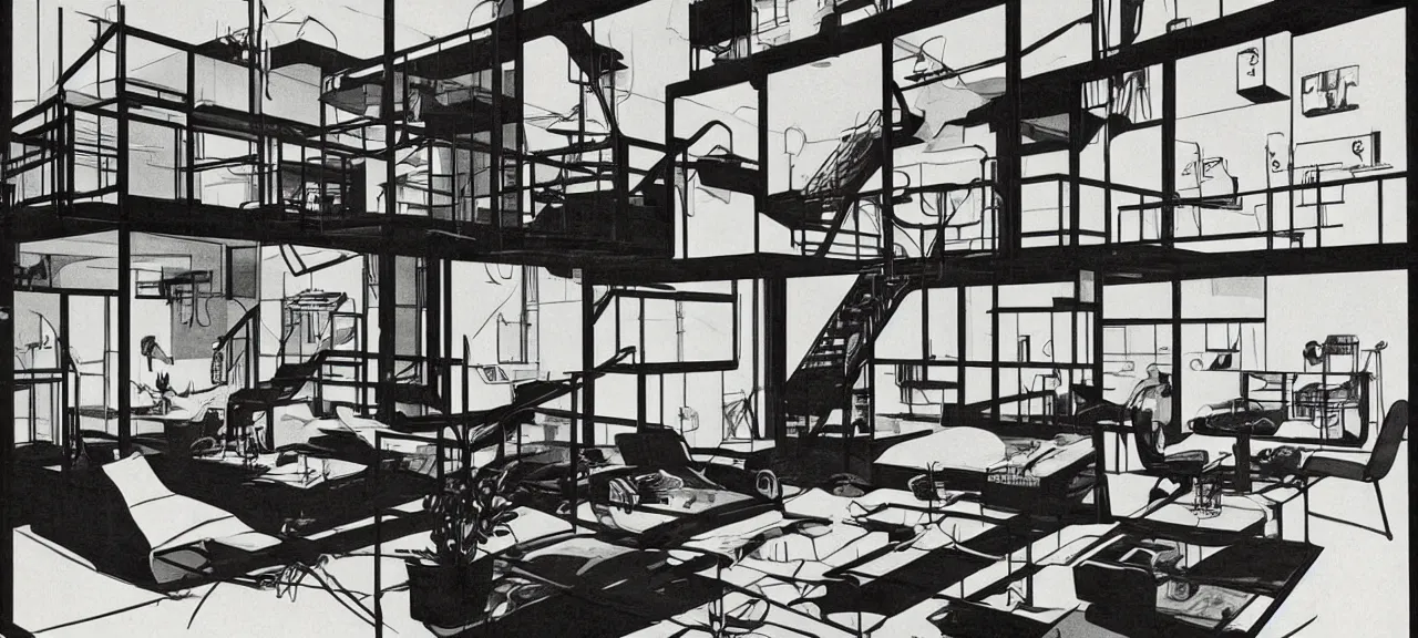 Prompt: interior of a loft, living room with split levels, mezzanine, plants and patio, 1970 furniture, bauhaus, concept art by syd mead. a dystopian computer with too many cables in a corner, giant screens