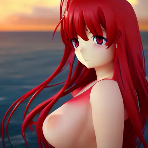 Prompt: rias gremory, very beautiful anime girl, long red hair, stunning eyes, cute freckles, full round face, short smile, cute bikini, golden hour, serene beach setting, medium shot, mid-shot, highly detailed, trending on Artstation, Unreal Engine 4k