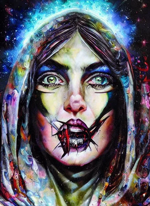 Image similar to gorgeous magic cult psychic woman smiling, third eye, energetic consciousness psychedelic, epic surrealism expressionism symbolism, story telling, iconic, dark robed, oil painting, symmetrical face, dark myth mythos, by Sandra Chevrier , H R Giger, masterpiece