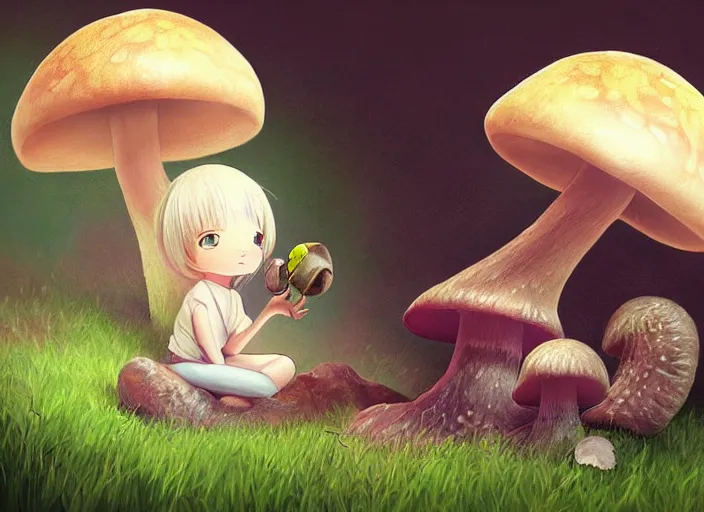 Image similar to a cute creature sitting next to a mushroom concept portrait, detailed, sharp focus, pastel, intricate, realistic, smooth, volumetric lighting, digital painting, by miyazaki