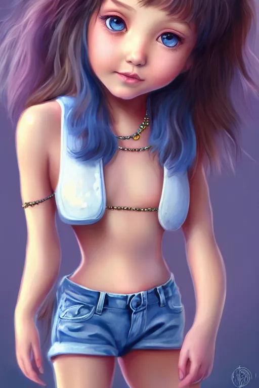 Image similar to matte sharp painting cute little girl hippy denim bellbottom bead necklace, painted by artgerm, artstation behance storybook l
