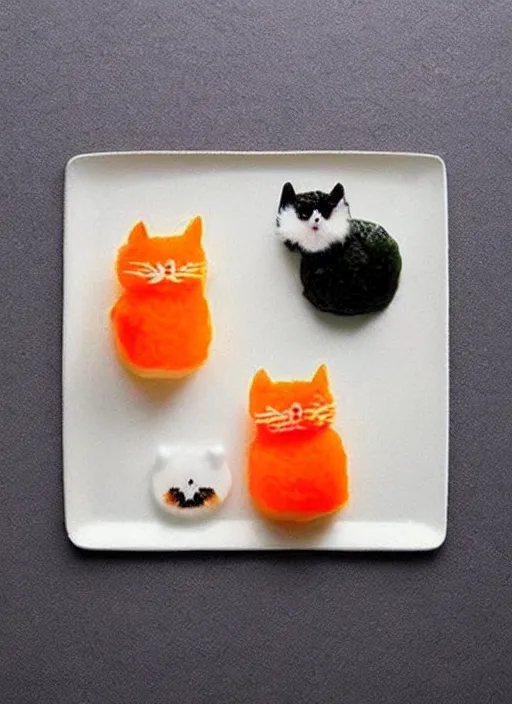 Prompt: clear surrealist painting of adorable cats made from sushi rice, sitting on sushi plates with garnish