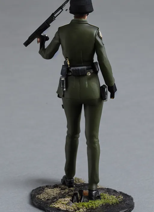Prompt: Product Introduction Photos, 4K, Full body, 80mm resin detailed miniature of a spy woman with pistol. view from behind