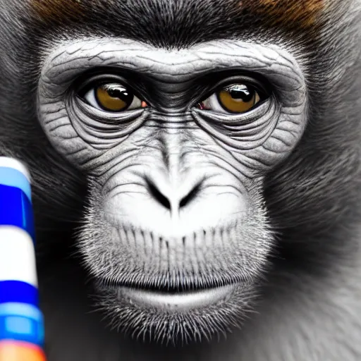 Image similar to photograph of a monkey holding a blue pen towards the camera, 4 k, full hd, highly detailed