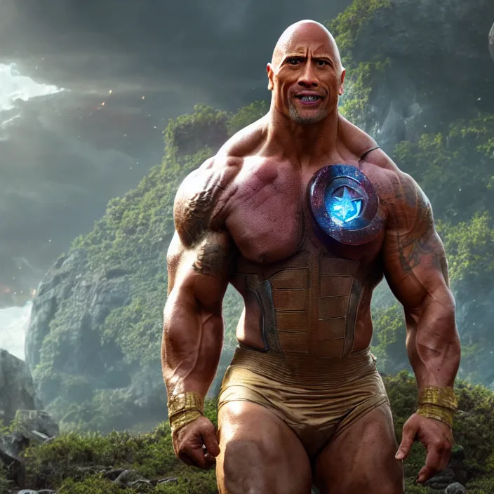 Prompt: Dwayne Johnson as Thanks, avengers end game, avengers infinity war, au naturel, hyper detailed, digital art, trending in artstation, cinematic lighting, studio quality, smooth render, unreal engine 5 rendered, octane rendered, art style by klimt and nixeu and ian sprigger and wlop and krenz cushart