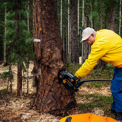 Image similar to putin with a chainsaw, cutting a tree. he wears a yellow safety helmet. canon eos r 3, f / 1. 4, iso 2 0 0, 1 / 1 6 0 s, 8 k, raw.