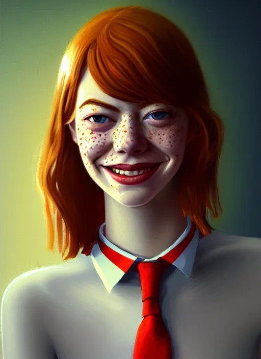 Prompt: portrait of teenage emma stone, freckles, middle part haircut, ginger hair, white shirt and red tie, smiling kindly, friendly, 1 9 7 0 s, intricate, elegant, glowing lights, highly detailed, digital painting, artstation, concept art, smooth, sharp focus, illustration, art by wlop, mars ravelo and greg rutkowski