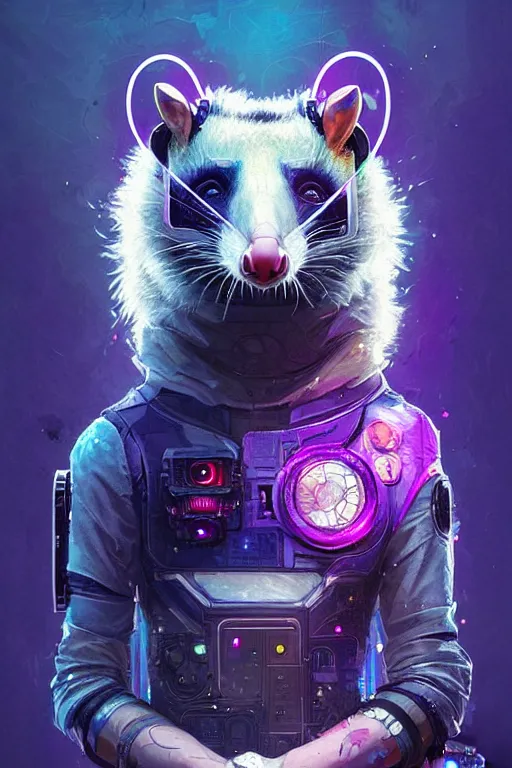 Image similar to a beautiful portrait of a cute cyberpunk opossum aaaaaaaaaa by sandra chevrier and greg rutkowski and wlop, purple blue color scheme, high key lighting, volumetric light, digital art, highly detailed, fine detail, intricate, ornate, complex, octane render, unreal engine, photorealistic