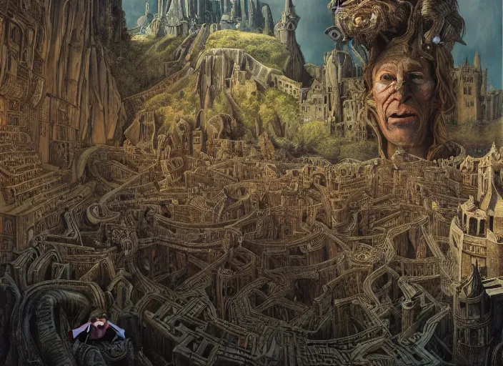 Image similar to jim henson's labyrinth an impossible maze filled with twisted turns a goblin city and a castle looming in the background by edgar maxence and caravaggio and michael whelan and delacroix style, artistic, intricate painting, cinematic lighting, hyper realistic, extremely detailed, establishing shot, 8 k resolution, dramatic lighting