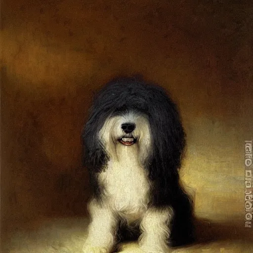 Prompt: a portrait of an Old English Sheepdog, oil painting by Rembrandt van Rijn,